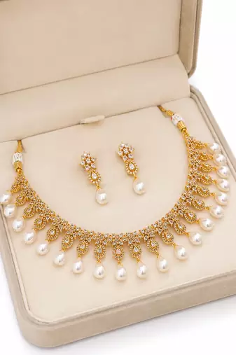 Certified natural freshwater pearls jewellery cz stone embellished, dangling pearl drops, bridal wear, includes earrings