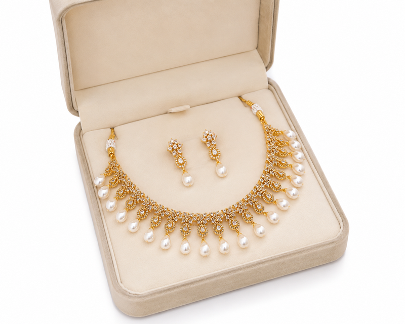 Certified natural freshwater pearls jewellery cz stone embellished, dangling pearl drops, bridal wear, includes earrings