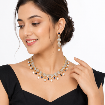 Certified natural freshwater pearls jewellery circular cz motifs, pearl drop danglers, sapphire blue accents, bridal set 1