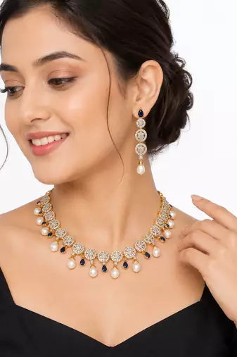 Certified natural freshwater pearls jewellery circular cz motifs, pearl drop danglers, sapphire blue accents, bridal set