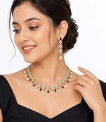 Certified natural freshwater pearls jewellery circular cz motifs, pearl drop danglers, sapphire blue accents, bridal set