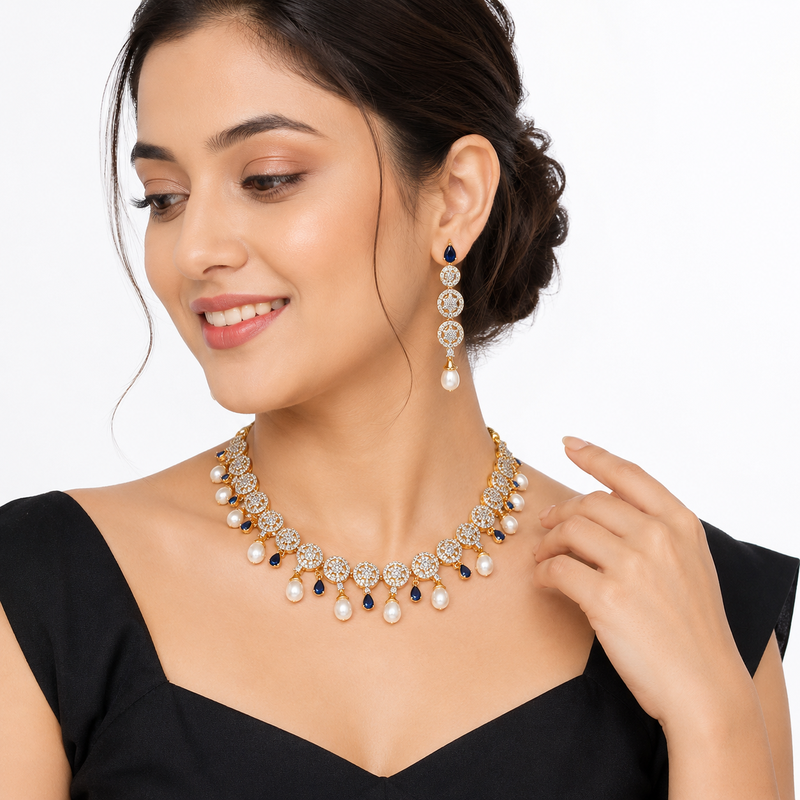 Certified natural freshwater pearls jewellery circular cz motifs, pearl drop danglers, sapphire blue accents, bridal set