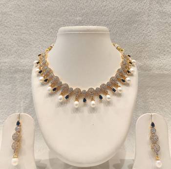 Certified natural freshwater pearls jewellery circular cz motifs, pearl drop danglers, sapphire blue accents, bridal set 2