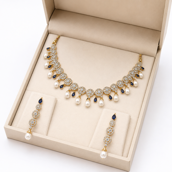 Certified natural freshwater pearls jewellery circular cz motifs, pearl drop danglers, sapphire blue accents, bridal set 3