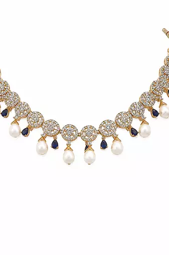 Certified natural freshwater pearls jewellery circular cz motifs, pearl drop danglers, sapphire blue accents, bridal set