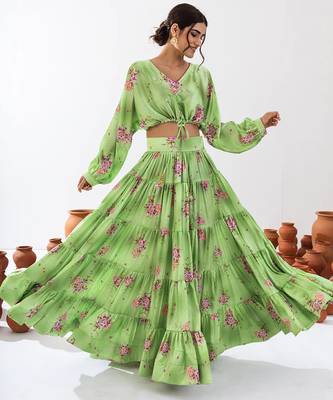 Green Floral Printed Tiered Circular Lehenga Set 1