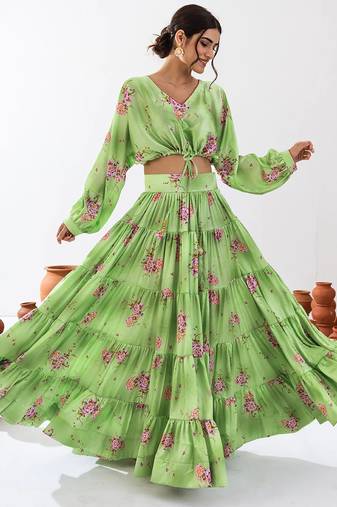 Green Floral Printed Tiered Circular Lehenga Set