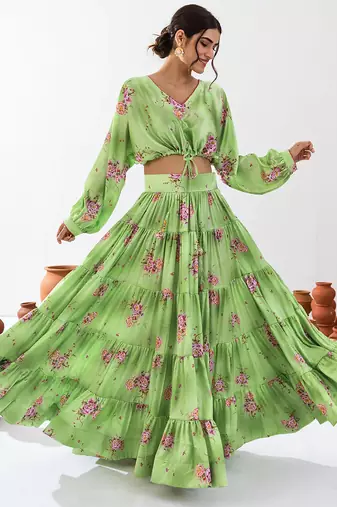 Green Floral Printed Tiered Circular Lehenga Set