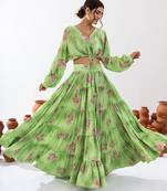 Green Floral Printed Tiered Circular Lehenga Set