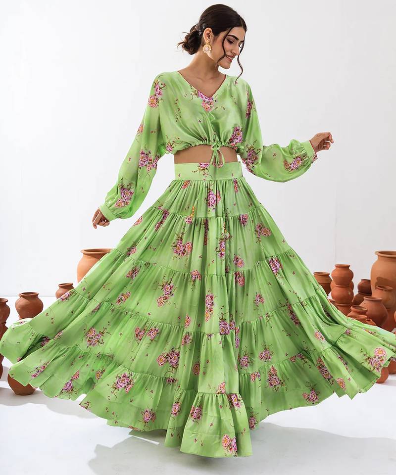 Green Floral Printed Tiered Circular Lehenga Set