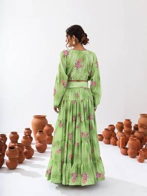 Green Floral Printed Tiered Circular Lehenga Set 2