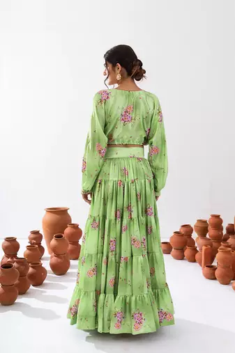 Green Floral Printed Tiered Circular Lehenga Set