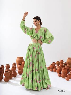 Green Floral Printed Tiered Circular Lehenga Set 3
