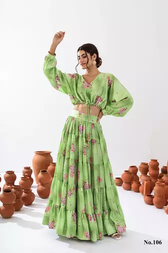 Green Floral Printed Tiered Circular Lehenga Set