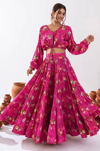 Magenta Floral Printed Tiered Circular Lehenga Set