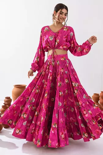 Magenta Floral Printed Tiered Circular Lehenga Set