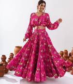 Magenta Floral Printed Tiered Circular Lehenga Set