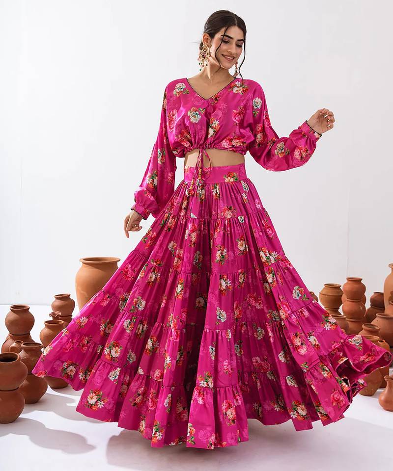 Magenta Floral Printed Tiered Circular Lehenga Set
