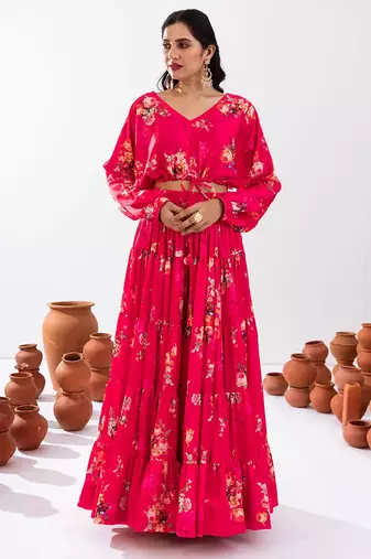 Rani Pink Floral Printed Tiered Circular Lehenga Set