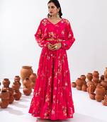 Rani Pink Floral Printed Tiered Circular Lehenga Set