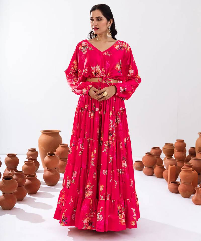 Rani Pink Floral Printed Tiered Circular Lehenga Set