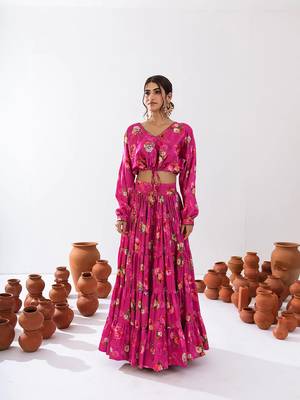 Magenta Floral Printed Tiered Circular Lehenga Set 2