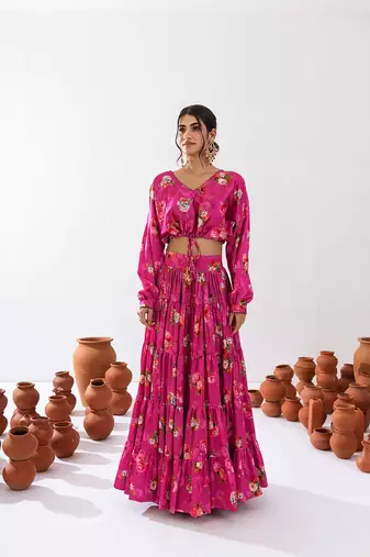 Magenta Floral Printed Tiered Circular Lehenga Set