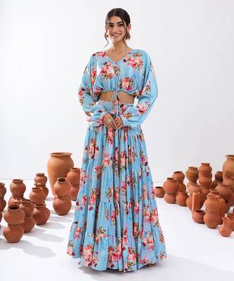 Turquoise Blue Floral Printed Tiered Circular Lehenga Set 1