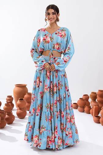Turquoise Blue Floral Printed Tiered Circular Lehenga Set
