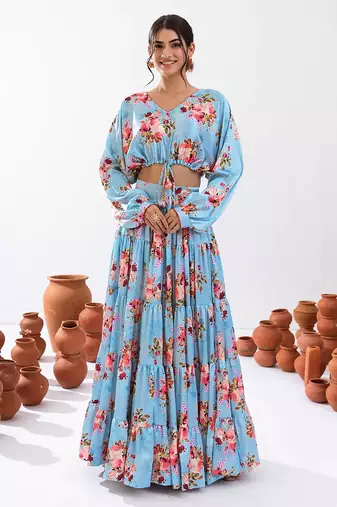 Turquoise Blue Floral Printed Tiered Circular Lehenga Set