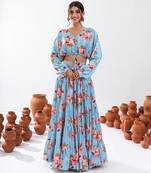 Turquoise Blue Floral Printed Tiered Circular Lehenga Set