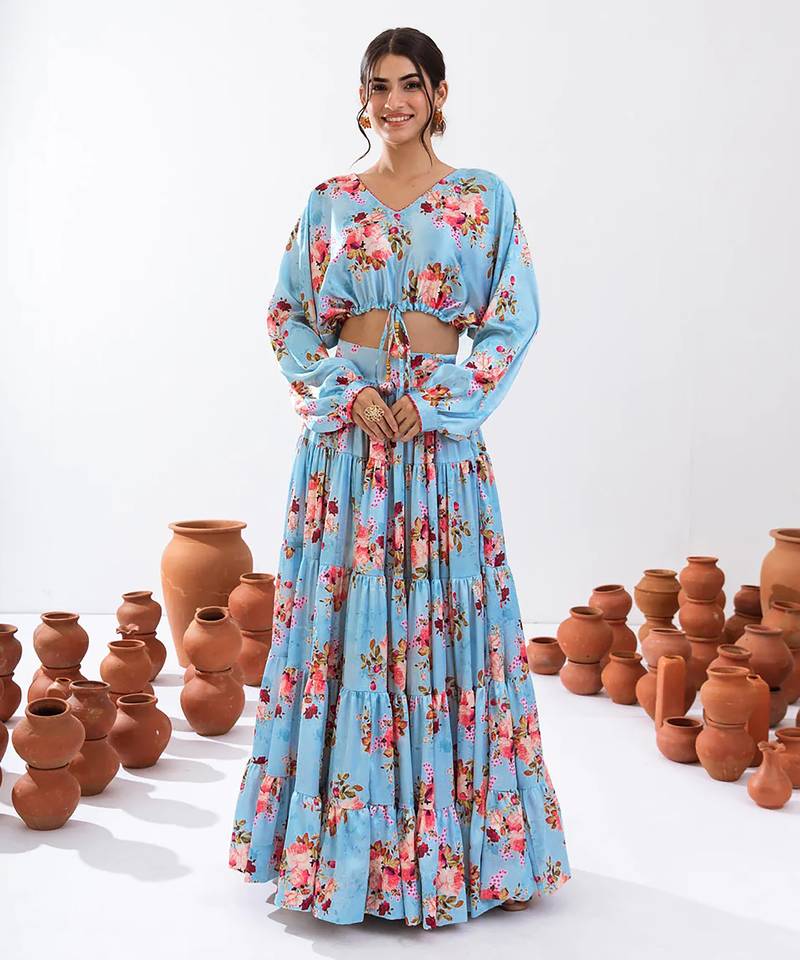 Turquoise Blue Floral Printed Tiered Circular Lehenga Set