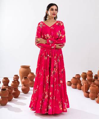 Rani Pink Floral Printed Tiered Circular Lehenga Set 2