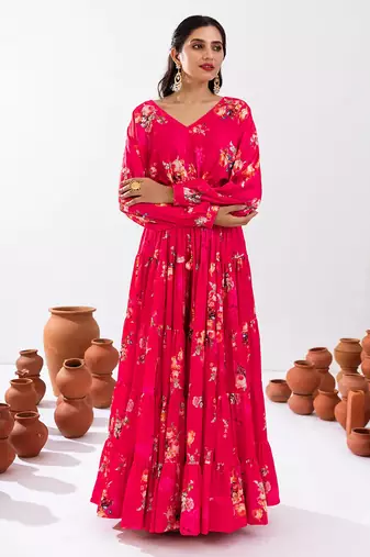 Rani Pink Floral Printed Tiered Circular Lehenga Set
