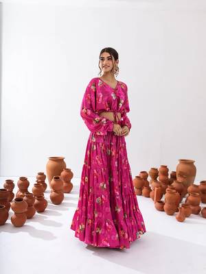 Magenta Floral Printed Tiered Circular Lehenga Set 3
