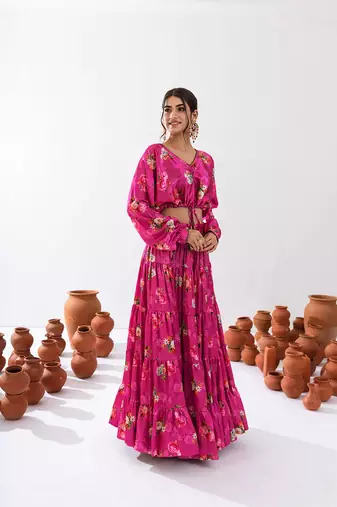 Magenta Floral Printed Tiered Circular Lehenga Set