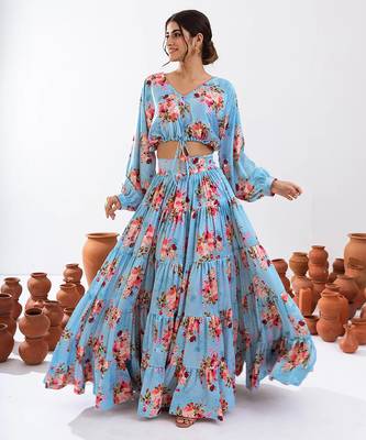 Turquoise Blue Floral Printed Tiered Circular Lehenga Set 2
