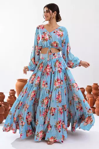 Turquoise Blue Floral Printed Tiered Circular Lehenga Set