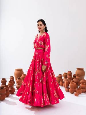 Rani Pink Floral Printed Tiered Circular Lehenga Set 3