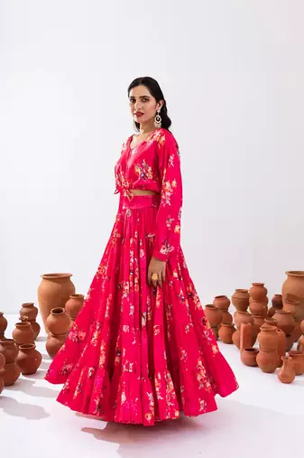 Rani Pink Floral Printed Tiered Circular Lehenga Set
