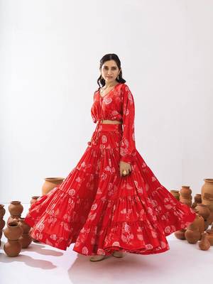Red Floral Printed Tiered Circular Lehenga Set 1