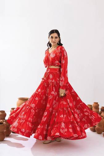 Red Floral Printed Tiered Circular Lehenga Set