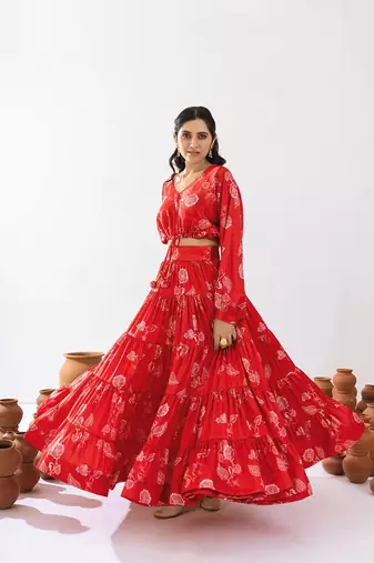 Red Floral Printed Tiered Circular Lehenga Set