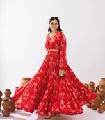 Red Floral Printed Tiered Circular Lehenga Set
