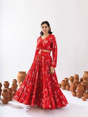 Red Floral Printed Tiered Circular Lehenga Set 2