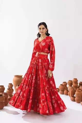 Red Floral Printed Tiered Circular Lehenga Set