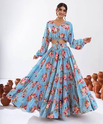 Turquoise Blue Floral Printed Tiered Circular Lehenga Set 3