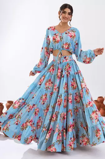 Turquoise Blue Floral Printed Tiered Circular Lehenga Set