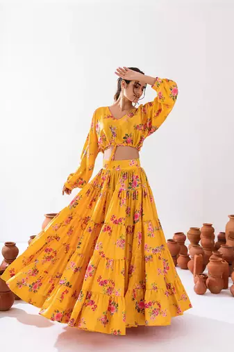 Yellow Floral Printed Tiered Circular Lehenga Set