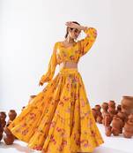 Yellow Floral Printed Tiered Circular Lehenga Set